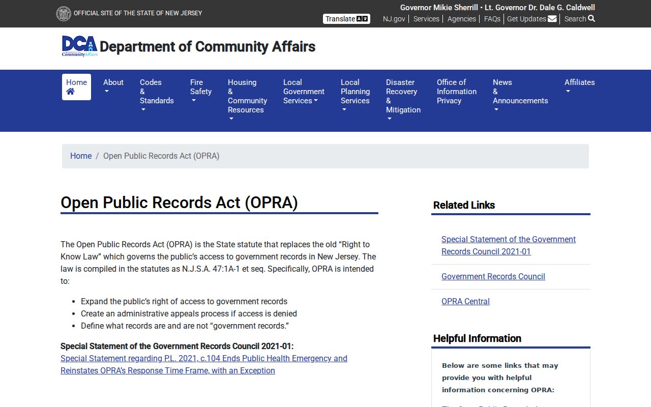Roselle residents directory New Jersey OPRA request guidance