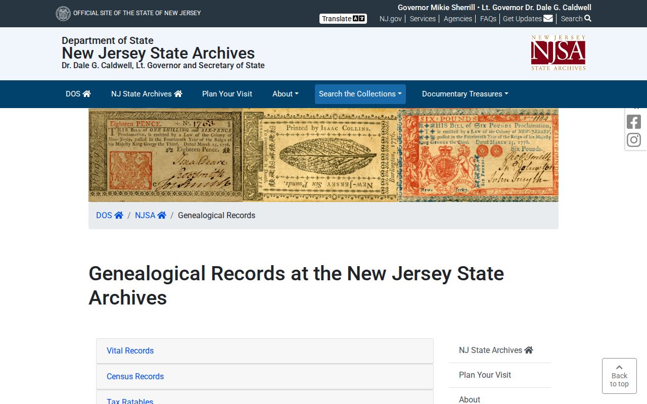 Roselle previous residents New Jersey State Archives genealogical collections